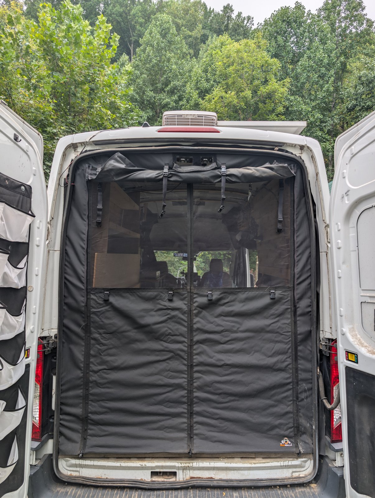 The Bug Wall screen fitted across the open rear doors